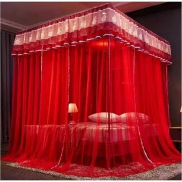 Imagem de Mosquiteiro Palácio Casal com Armação de Ferro | Renda Estilo Indiano | 3 Aberturas Laterais(vermelho,Casal)