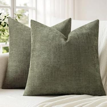 Imagem de ANRODUO Pacote com 2 capas de almofada decorativas texturizadas macias verde-oliva euro quadrado acento sólido chenille capa de almofada aconchegante casa de fazenda para sofá, quarto, sala de estar