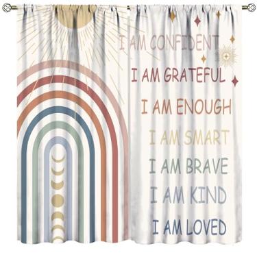 Imagem de Cortinas com citações inspiradoras para crianças, boêmio, colorido, arco-íris, abstrato, sol, lua, decoração de casa, quarto, sala de estar, berçário, janela, tratamento de 2 painéis, conjunto de 2