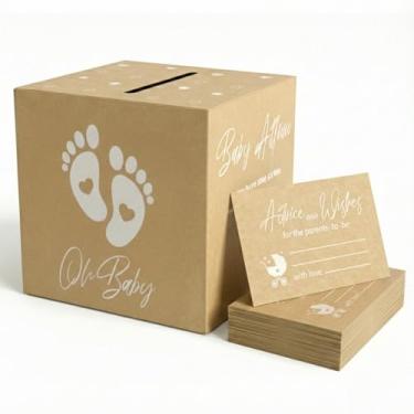 Imagem de AlustraVive Papel Kraft Rústico Rústico Sorteio de Fraldas e Caixa de Cartão, Decoração de Jogos de Chá de Bebê Gênero Neutro, 50 Cartões de Inserção Grande, Suporte de Cubo de 17 cm para Menino ou