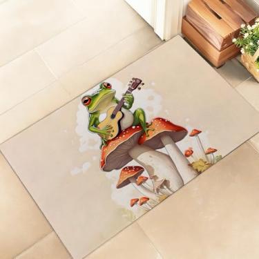 Imagem de amepay Tapete de porta interior de guitarra sapo, elegante 43 x 75 cm capacho de piso de tecido não tecido com cena de cogumelo de desenho peculiar, capacho divertido para amantes de animais, para