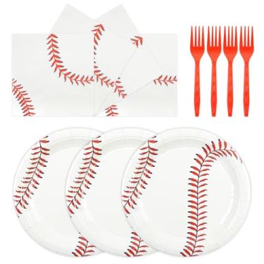 Imagem de HFBOBP 72 peças de pratos e guardanapos de papel de beisebol, artigos de festa com tema de beisebol de 18 cm, decoração descartável, conjunto de utensílios de mesa para lembrancinhas de festa com tema