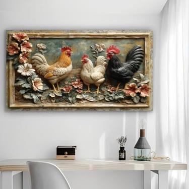 Imagem de Arte de parede em tela rústica com galos florais - Pôster sem moldura de 30 x 61 cm - Decoração de casa e escritório para sala de estar, quarto, cozinha e café