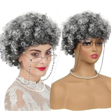 Imagem de Peruca curta feminina Old Lady Grandma cabelo sintético misto cinza e preto cosplay fantasia festa dramatização