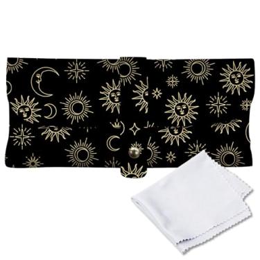 Imagem de CREATCABIN Estojo de couro para óculos de sol com fivela de unha, bolsa portátil para lua, tarô preto, bolsa para óculos de sol com pano de limpeza de cinto, cravejado, óculos de leitura, suporte de