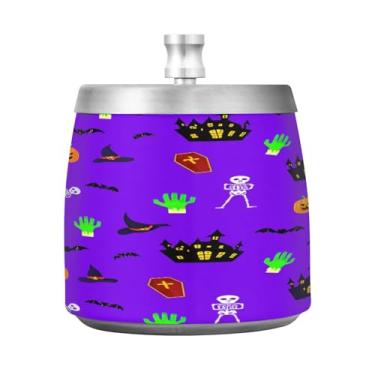 Imagem de Qilmy Cinzeiro de aço inoxidável esqueletos de Halloween com tampa - Cinzeiro de cigarro à prova de vento sem cheiro sem fumaça para casa, escritório, carro, pátio, varanda (uso interno e externo)