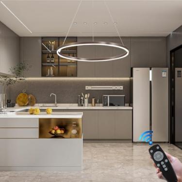 Imagem de Luminária pendente moderna de LED, lustre de mesa redondo com 1 anel, dimerizável, em alumínio, embutida com controle remoto, ideal para sala de estar, sala de jantar, quarto, bar, escritóri