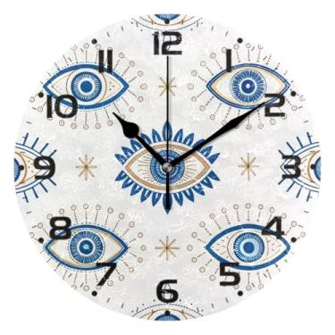 Imagem de JUZIHAI Relógio de parede com olho turco, silencioso, sem tique-taque, redondo, operado por bateria, fácil de ler, relógio decorativo de parede para casa, cozinha, sala de estar, quarto, escritório