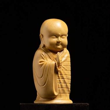 Imagem de FENNYYAR Estátua de monge zen, escultura em madeira de buxo, 8 cm, 8 cm, decoração de estátua de Buda em estilo chinês para sala de estar