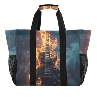 Imagem de ODAWA Bolsa feminina dobrável, impermeável, à prova de areia, bolsa de verão estética com grande capacidade, água de fogo de guitarra, Guitar Fire Water, One Size