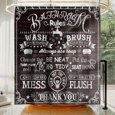 Imagem de KAIRA Cortina de chuveiro engraçada com regras de banheiro 182 x 182 cm com ganchos, decoração de banheiro humorística estilo lousa rústico, cortina de tecido de poliéster impermeável para crianças e