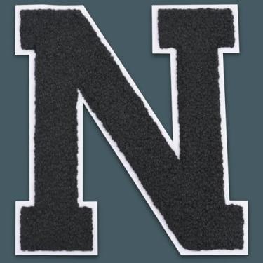 Imagem de QianSiLi Remendos de letras universitárias de chenille preto de 15 cm, letras grandes para jaquetas Letterman, moletons com capuz, mochilas, coletes, roupas, adesivos individuais de letra N