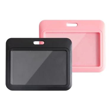 Imagem de Lanyardio Pacote com 2 porta-crachás de identificação, porta-cartões de identificação preto e rosa, porta-cartões de plástico deslizante horizontal para escritório, escola, fábrica, professores e