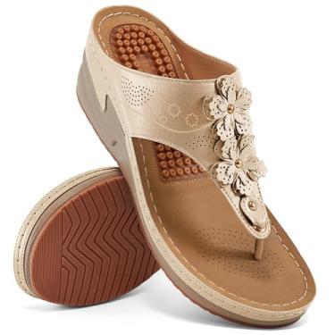 Imagem de Sandálias femininas com suporte de arco para caminhada confortável de verão, plataforma com função de massagem, Dourado, 7