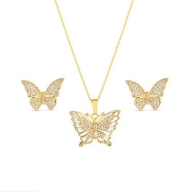 Imagem de Conjunto Colar e Brinco de Borboleta com Pedras de Zircônias Semi Joias Banhado Ouro 18k Presente Mãe Esposa Namorada