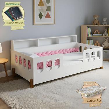 Imagem de Kit Quarto Perfeito Cama Infantil Resistente Nina com Colchão e Enxoval Trança Rosa 2,5m + Lousa Mag