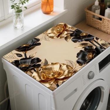 Imagem de GLOBLELAND Tapete de proteção contra poeira para máquina de lavar e secar flores pretas e douradas 59,9 x 49,8 cm, protetor de topo para máquina de lavar e secar roupa antiderrapante para lavanderias