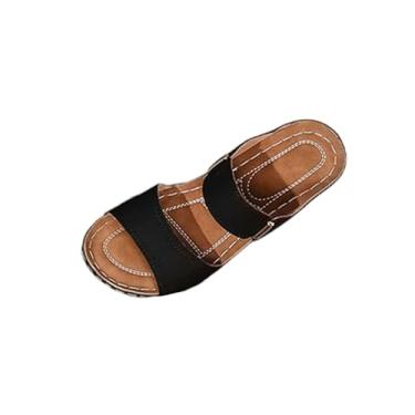 Imagem de Sandálias femininas Peep Toe Slide com salto plataforma confortável e sola plataforma confortável, Preto, 36