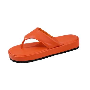 Imagem de Sandálias femininas modernas, casuais, de verão, cor sólida, bico redondo, estilo agasalho, sola grossa, chinelos rasos, Laranja, 38