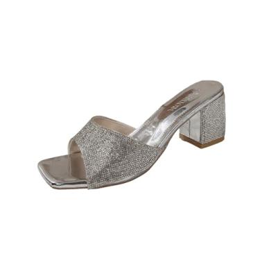 Imagem de Sandálias femininas de salto alto bico de strass bico aberto cor sólida plus size casual confortável, Prata, 36