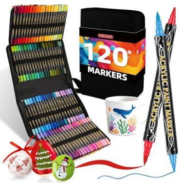 Imagem de colpart Marcadores de tinta acrílica de 120 cores, canetas de tinta acrílica de ponta dupla, ponta de pincel e marcadores de ponta fina para pintura rupestre, plástico, tela e artesanato DIY