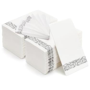 Imagem de Foraineam Pacote com 100 guardanapos de papel decorativos para mãos descartáveis com toque de linho – Papel floral prata