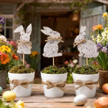 Imagem de Pinkunn 3 peças de decoração de páscoa rústica mesa coelhinho da páscoa placa central placa de mesa de madeira antiga placa em vaso de fazenda de madeira coelho bandeja em camadas decoração para casa