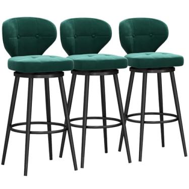 Imagem de Banquetas de bar estofadas giratórias de veludo com apoio para os pés de metal, bancos de bar com altura giratória conjunto de 3, bancos de balcão com encosto, cadeira de bar moderna para ilha de