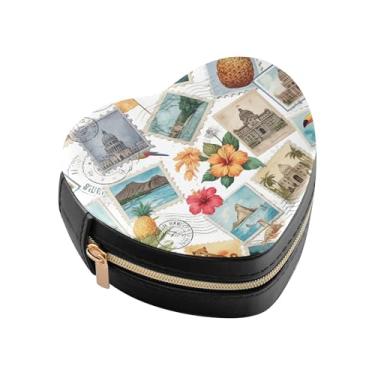 Imagem de Burbuja Caixa de joias em forma de coração de carimbo postal de viagem para mulheres e meninas, estojo portátil organizador de armazenamento para brincos, anéis, colares e pulseiras