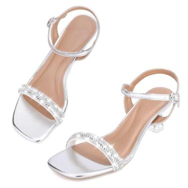 Imagem de Trakxy Sandálias de dedo aberto com strass transparente gradiente salto gatinho para casamento, sapatos formais confortáveis para noivas, vestido de convidada, formatura, Prata, 40