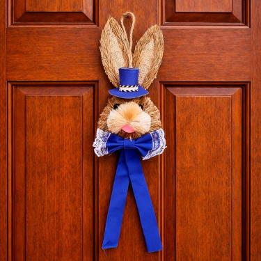 Imagem de Pendente Cabeça Coelho Com Laço Decoração Páscoa Palha 40cm Azul