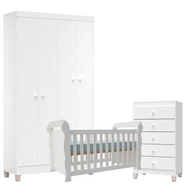 Imagem de Quarto De Bebê 4 Portas Com Gaveteiro Ternura Baby E Berço Lara Branco Brilho - Incorplac