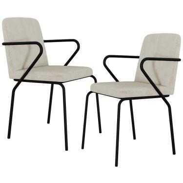 Imagem de Kit 02 Cadeiras Estofada Para Sala De Jantar Com Braço Loft Preto C01 Bouclê Vanilla - Lyam Decor