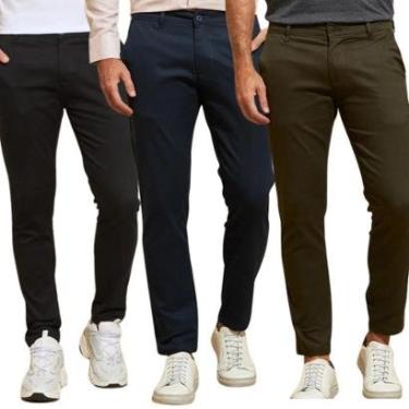 Imagem de Kit 3 Calças de Sarja Chino Com Bolso Traseiro Embutido Alfaiataria-Masculino