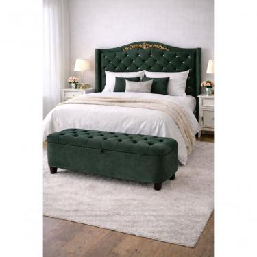 Imagem de Kit De Quarto Lisboa Cabeceira De Cama Box E Calçadeira Baú Casal 140 Cm Suede Verde Escuro Eli Móveis E Decoração