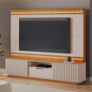 Imagem de Estante Home Atena 2,10m para Tv até 85 Polegadas Detalhes Curvos e Ripados Off/Cinamomo