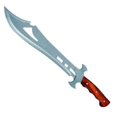 Imagem de Facão Aladim Militar Rambo Medieval, Lâmina Curva 50cm, Aço Carbono Full Tang, Cabo Madeira Ergonômico, com Bainha Nylon, para Camping, Caça, Pesca, Sobrevivência