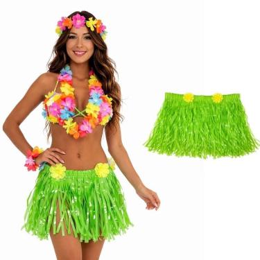 Imagem de Saia Havaiana Hula com Flores Plástico 35cm Verde Extra Festas