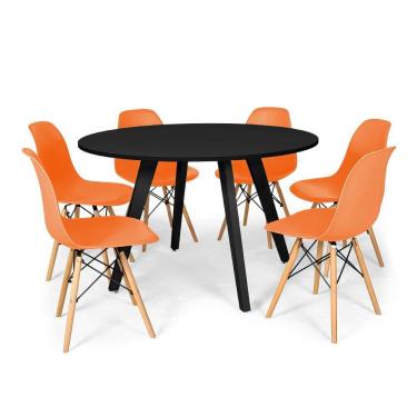 Imagem de Conjunto Mesa de Jantar Redonda Amanda Preta 120cm com 6 Cadeiras Eames Eiffel - Laranja