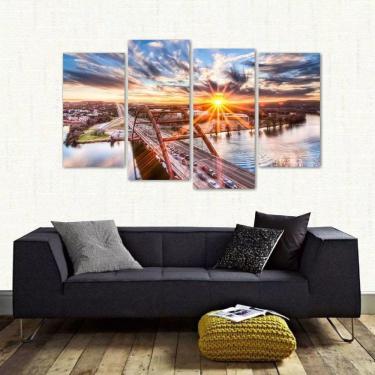 Imagem de Quadro Decorativo Paisagem Por Do Sol Sala Em Tecido 4 Peças