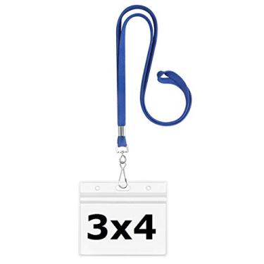 Imagem de Suporte de crachá com cordão de plástico transparente Suporte de etiqueta de nome horizontal 3x4 suportes de cartão de identificação à prova d'água da ZHEGUI (Royal Blue, 25 unidades)