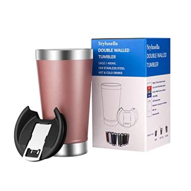 Imagem de Stylusella Tumbler, Caneca de cerveja de aço inoxidável 16oz/480ml, copo de vidro de pinta, copo isolado a vácuo de parede dupla, tampa de chávena com abre-garrafas de metal, mantém as bebidas frias ou quentes, perfeito para cerveja, café, chá gelado e outras bebidas (Rouge)