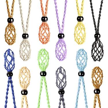 Imagem de Anjiucc 12 peças de suporte de colar de gaiola de cristal, cordão vazio, suporte de pedra, pingente de substituição, cordão de colar tecido à mão com comprimento ajustável, natural