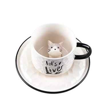 Imagem de DSFHKUYB Canecas de café gato desenho animado chá leite canecas de cerâmica fofas com animal escondido dentro do copo da manhã bebidas quentes caneca de porcelana presente para os