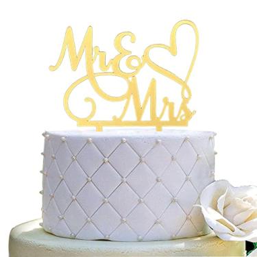 Imagem de Topo de bolo Mr and Mrs - placa de noiva e noivo casamento, decoração de topo de bolo de noivado, acrílico dourado espelhado