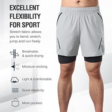 Imagem de Shorts de corrida masculino 2 em 1,Shorts de corrida masculino 2 em 1 com bolsos de zíper Shorts de exercícios de secagem rápida para treino de academia
