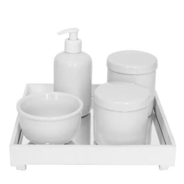 Imagem de Kit Higiene Espelho Potes, Molhadeira E Porta Álcool-Gel Branco Quarto