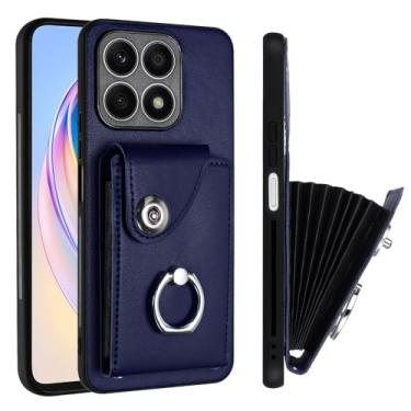 Imagem de Carteira Compatível com capa carteira Huawei Honor X8A com porta-cartões, capa à prova de choque com botão magnético de couro PU + capa protetora com suporte para dedo com rotação de 360° (Size : Blu