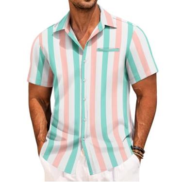 Imagem de COOFANDY Camisa masculina casual de linho camisa de manga curta com botão camisa havaiana de verão praia, Listra verde e rosa, XXG