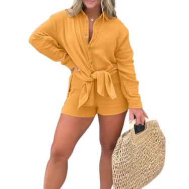 Imagem de Conjunto de macacão Barcelona Breeze, camisa longa de crepe de camada dupla + shorts, saída de praia de linho com fenda, conjuntos curtos (Yellow,Medium)